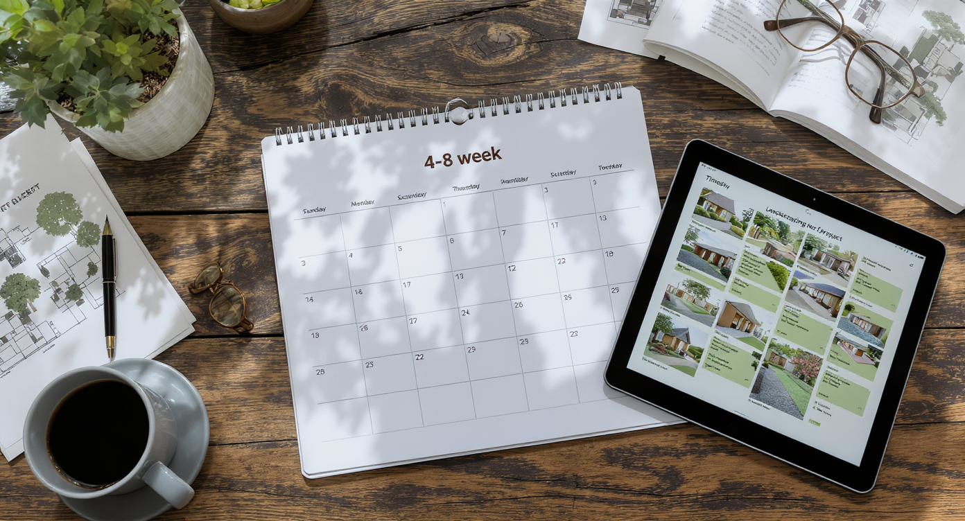 Calendar and tablet showing a 4–8 week project schedule surrounded by landscaping sketches under natural light.
