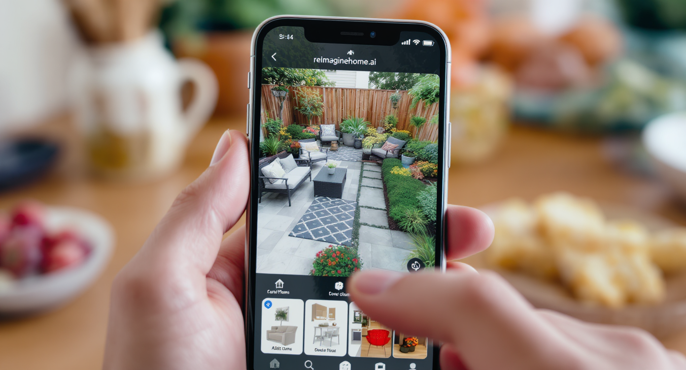 Smartphone displaying ReimagineHome.ai patio visualization app with user interacting in a cozy indoor setting.