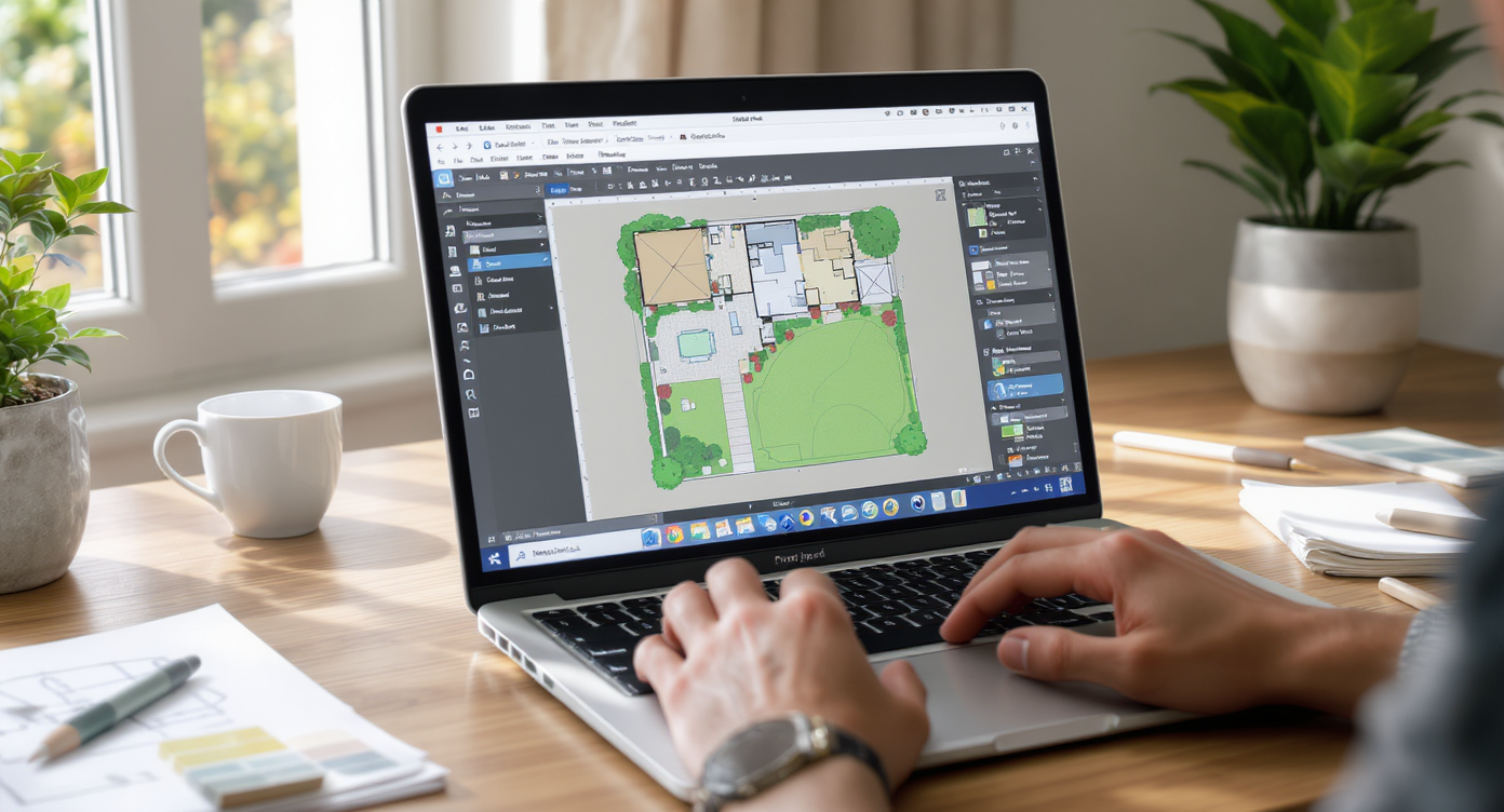 Designer working on laptop with front yard layout on ReimagineHome.ai interface in sunlit modern workspace.