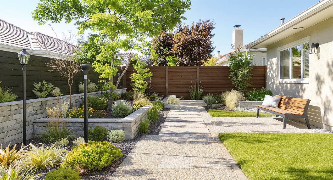 Front yard featuring gravel path, native plants, stone retaining wall, outdoor lighting, and modern composite bench in daylight.