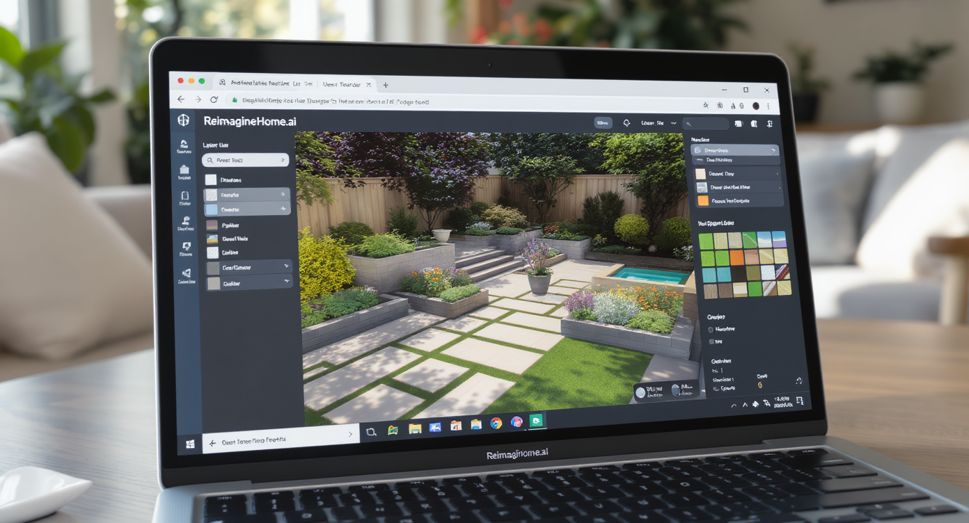 Laptop displaying ReimagineHome.ai 3D outdoor design with layered patios and plantings; homeowner using it in a sunny living room.