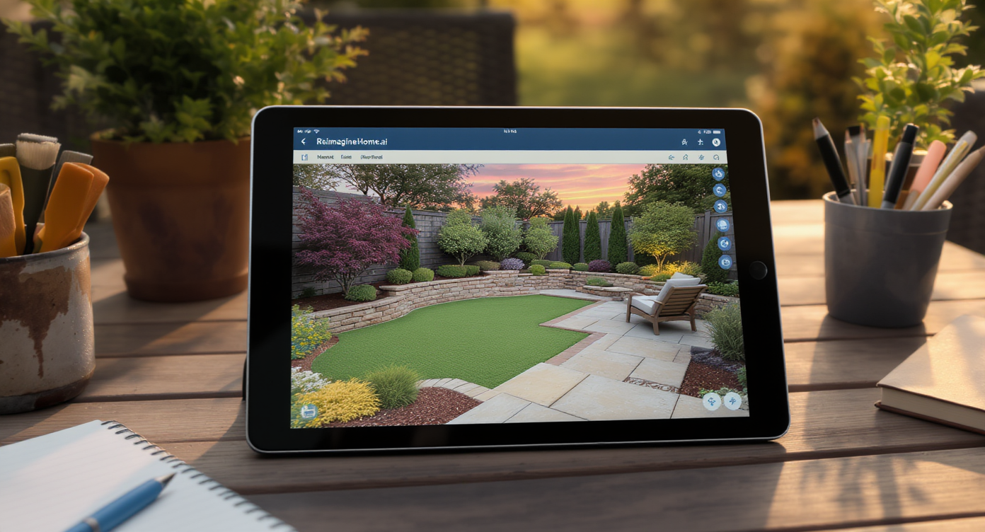 Close-up of a tablet on an outdoor wood table showing a 3D backyard design with terraces, stone paths, and drought-tolerant plants in morning light.