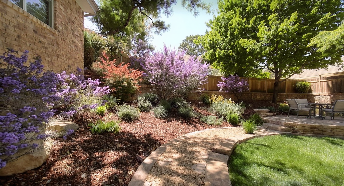 Central Texas yard featuring xeriscaping, stone terraces for slope control, and shaded outdoor living area under bright sunlight.