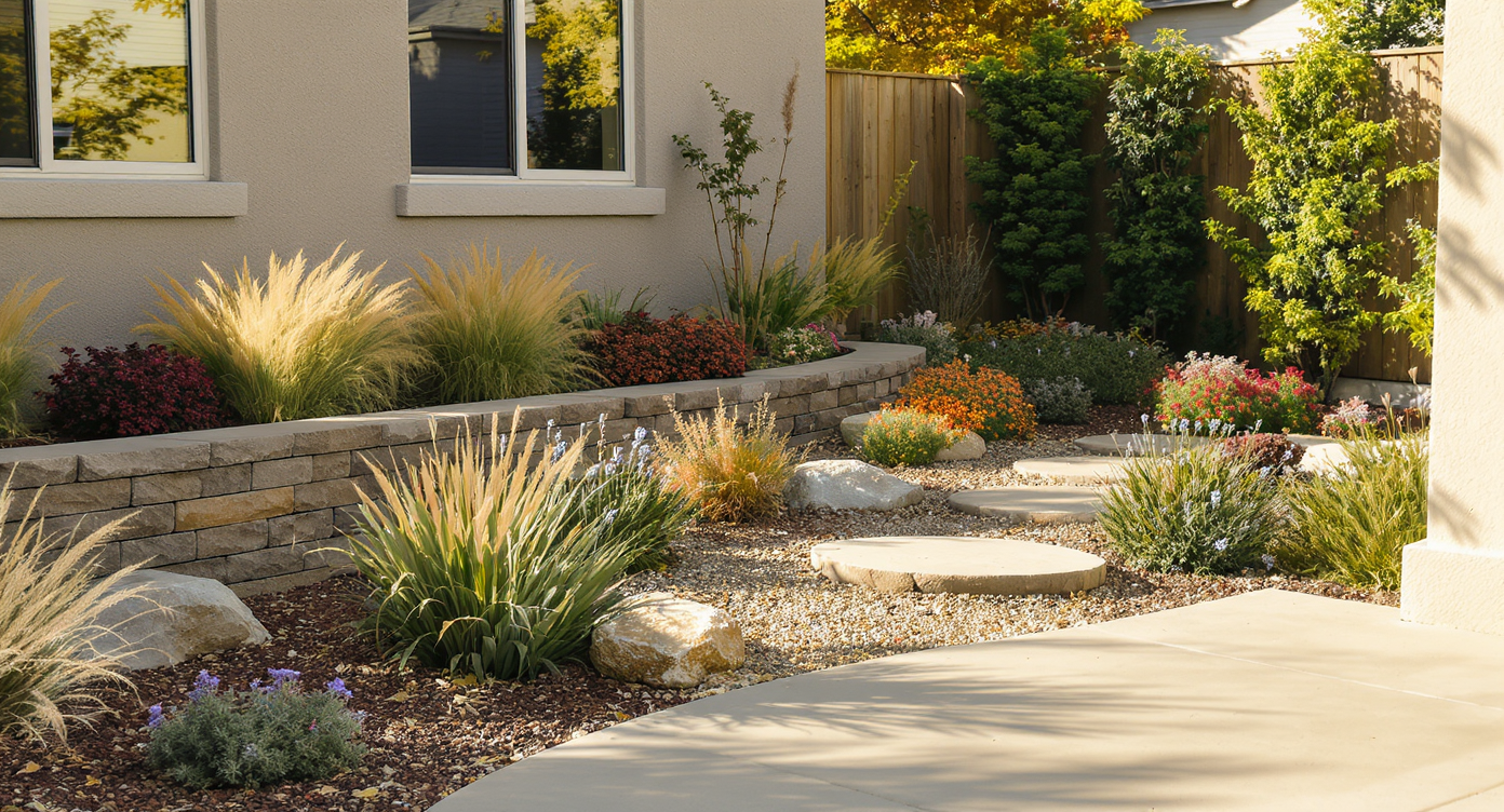 Seven small front yard design features including stone wall, ornamental grasses, granite path, flowering shrubs, lighting, seating nook, and privacy plants.