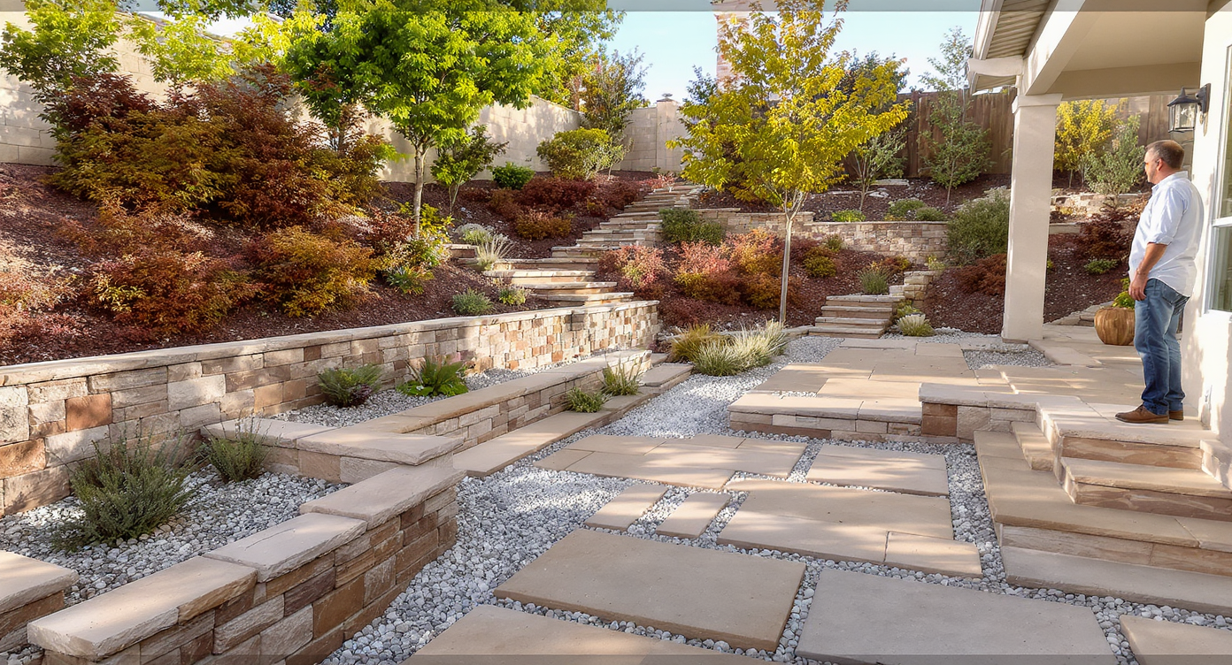Modern Sacramento yard with extensive patios, retaining walls, minimal plants, and a homeowner inspecting the space.