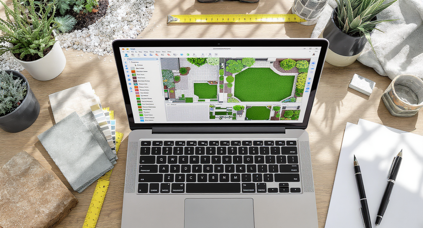 Overhead view of laptop displaying landscaping designs with physical paver and plant samples on workspace.