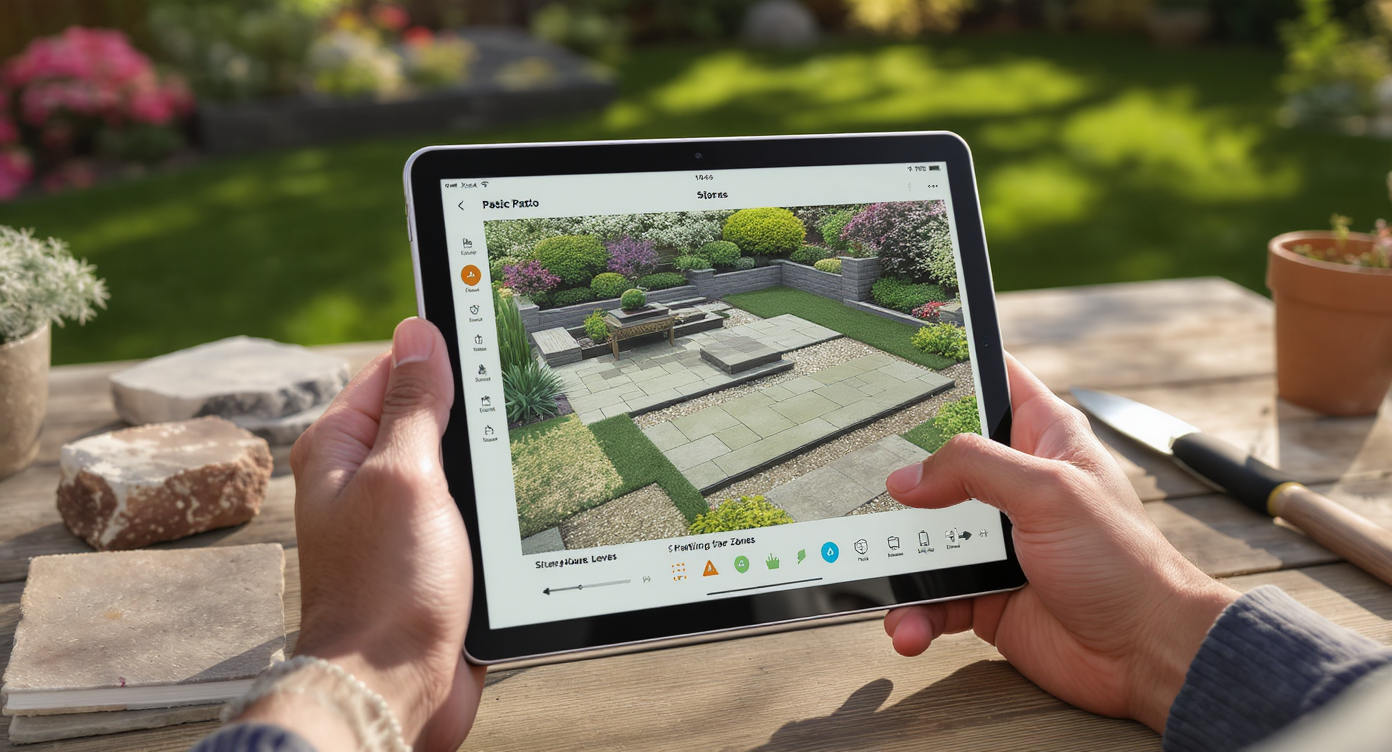 Homeowner outdoors using tablet displaying ReimagineHome.ai to design stone patios and terraces, with samples nearby.