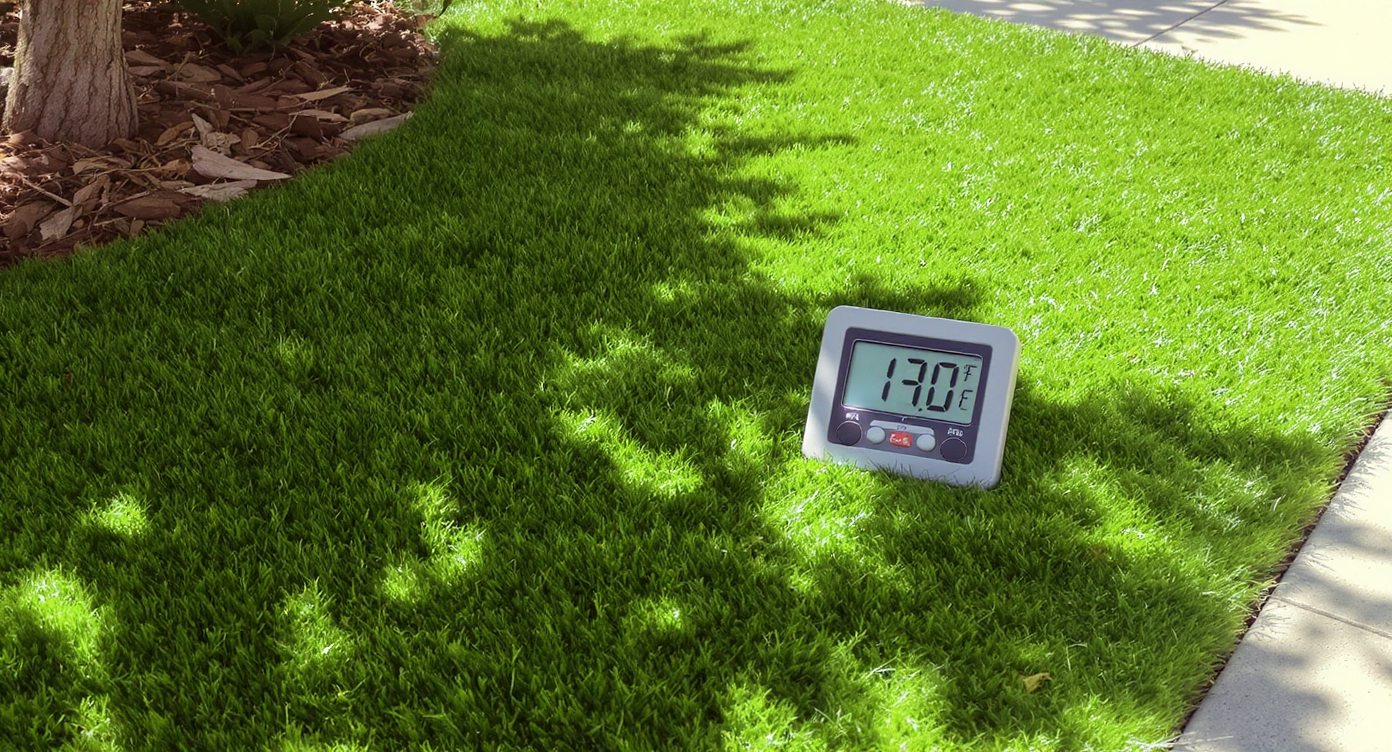 Synthetic turf in intense sunlight showing heat waves and thermometer reading above 140°F beside shaded tree branch.
