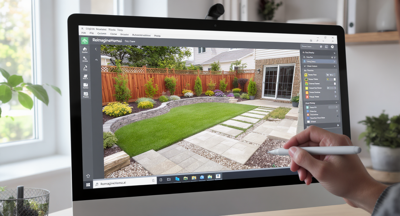 Home office scene with computer screen showing ReimagineHome.ai landscaping design and hand editing paver patterns digitally.