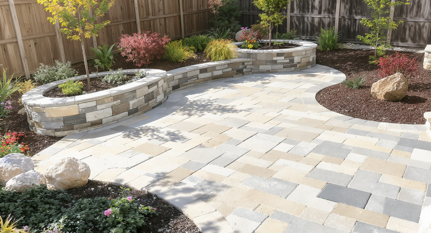 Low-maintenance yard with extensive natural stone pavers, stacked stone retaining walls, and minimal planting beds under natural daylight.