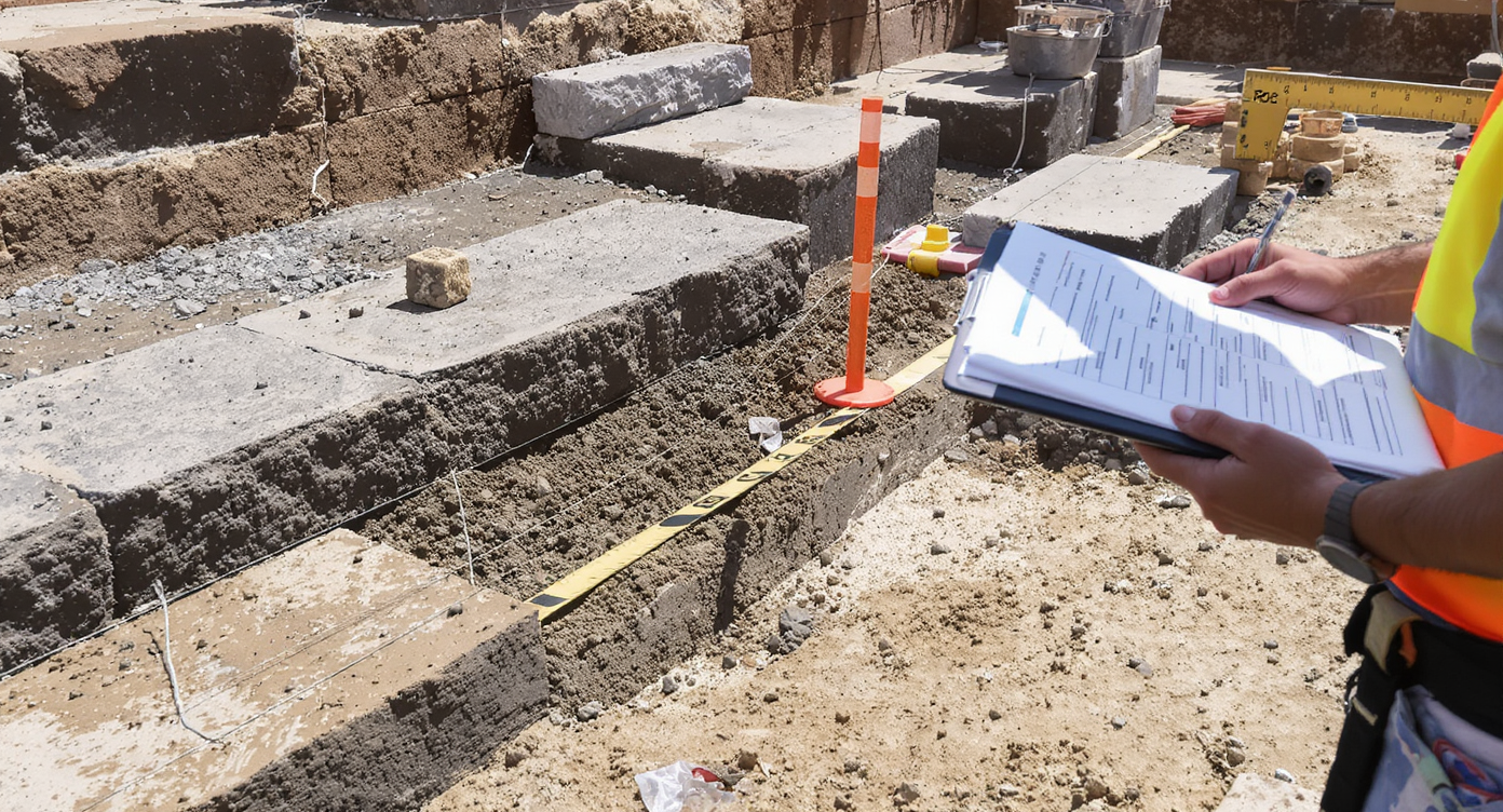 Outdoor hardscaping site with measured layouts, professional materials, and workers reviewing material plans in daylight.