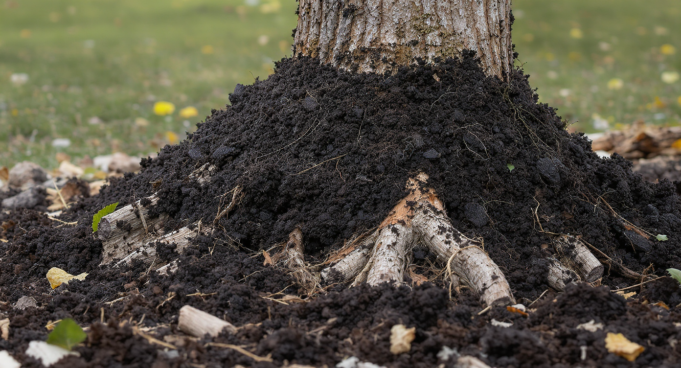 Close-up of a tree trunk with a tall mulch volcano causing root decay and visible damaged circling roots, taken in natural daylight.
