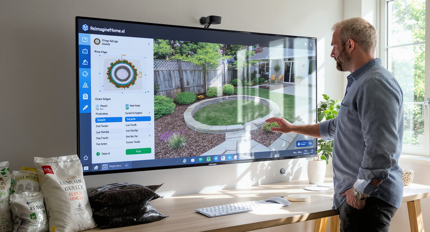 Homeowner using ReimagineHome.ai on a touchscreen to simulate garden bed rings and edges, with mulch and stone samples on a table nearby.