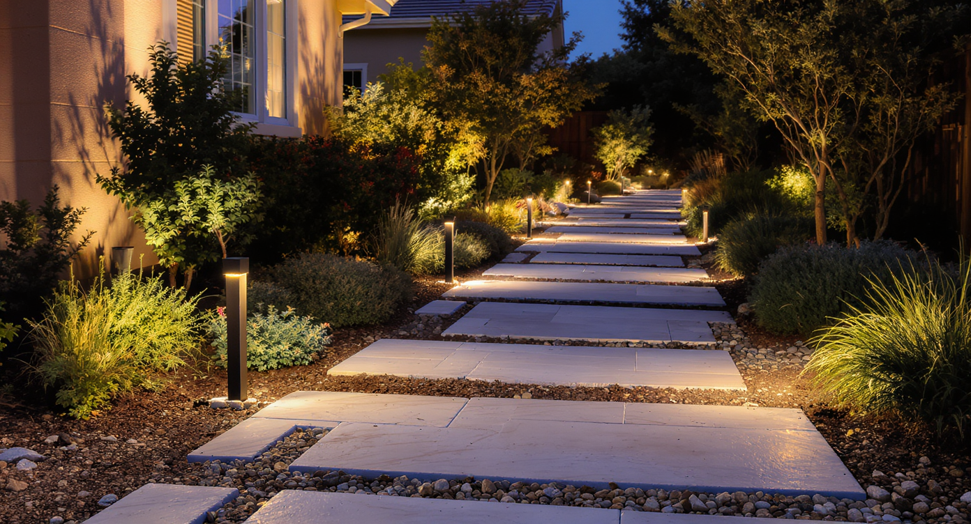 Wide flagstone garden path illuminated by warm 2700–3000K LED lights, flanked by drought-tolerant plants at dusk.