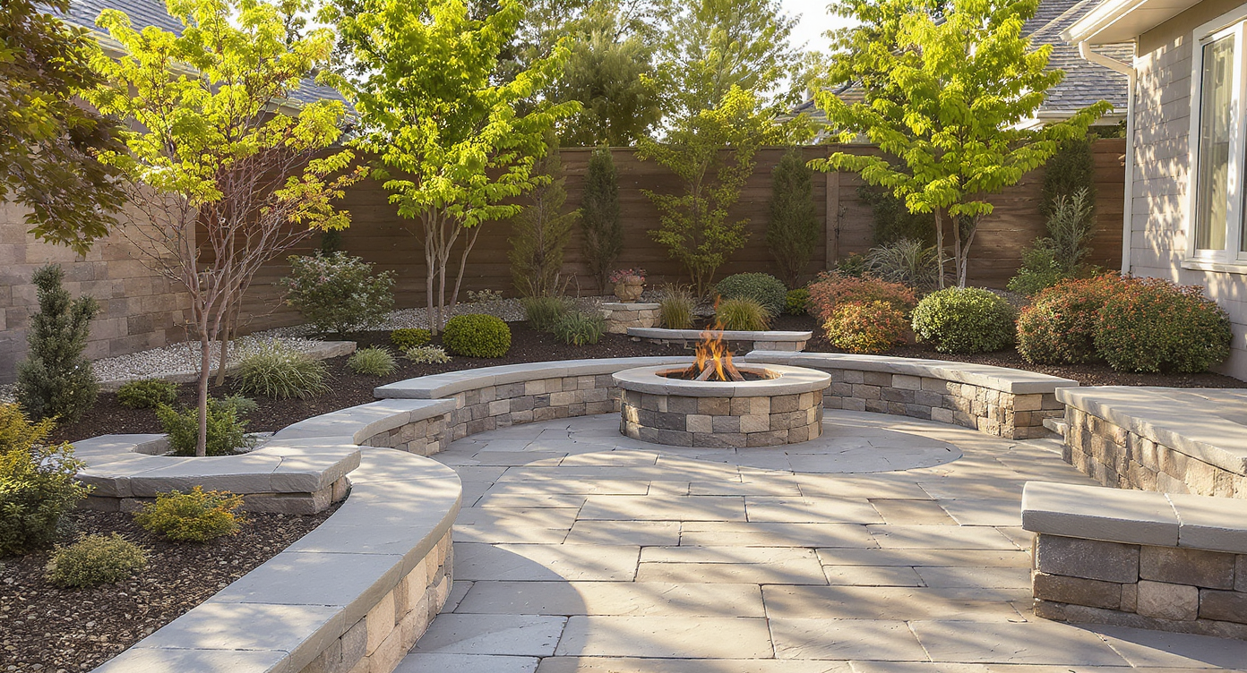 Outdoor patio with extensive natural stone terraces and gravel beds illustrating a low-maintenance yard focused on durable hardscaping.