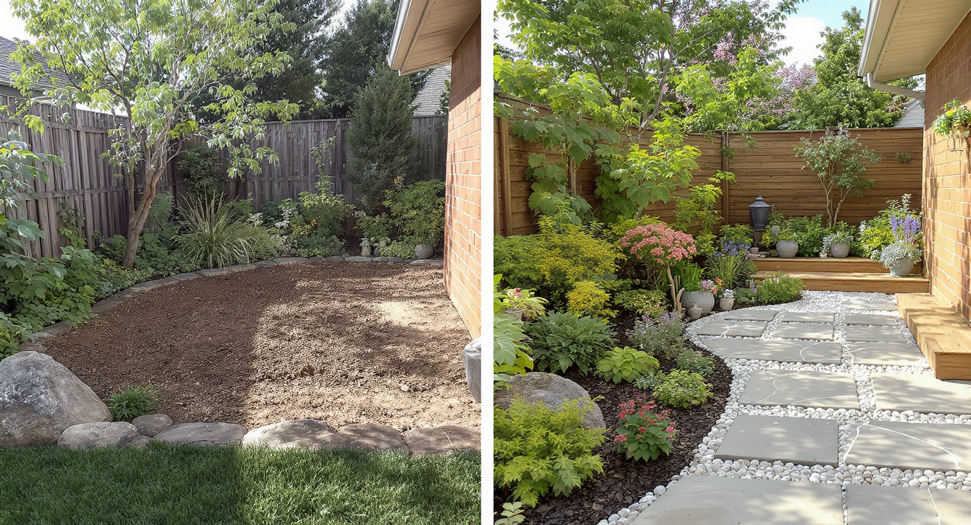 Before-and-after of a yard transformed with native plants, permeable paving, and wood terraces in natural daylight