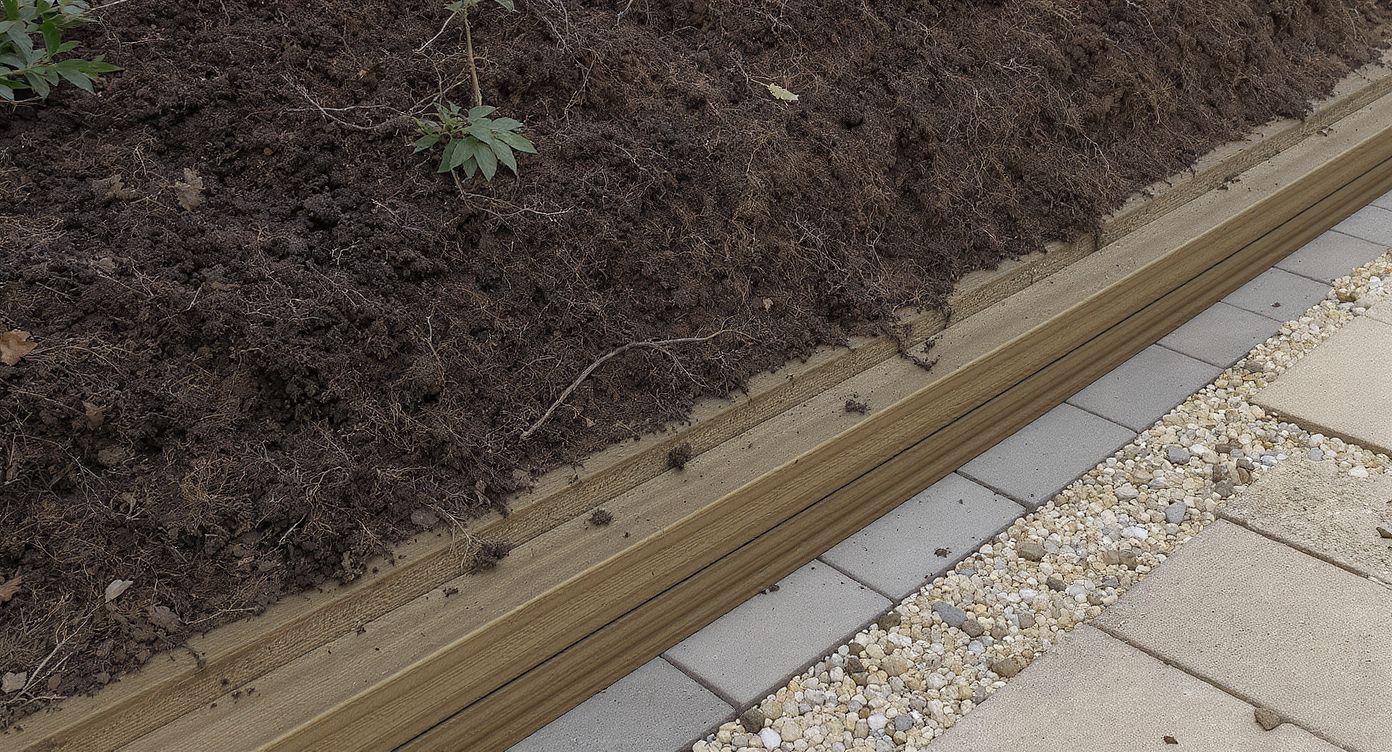 Open courtyard with compacted soil, raised beds, permeable pavers, gravel path and stone-filled drainage channel