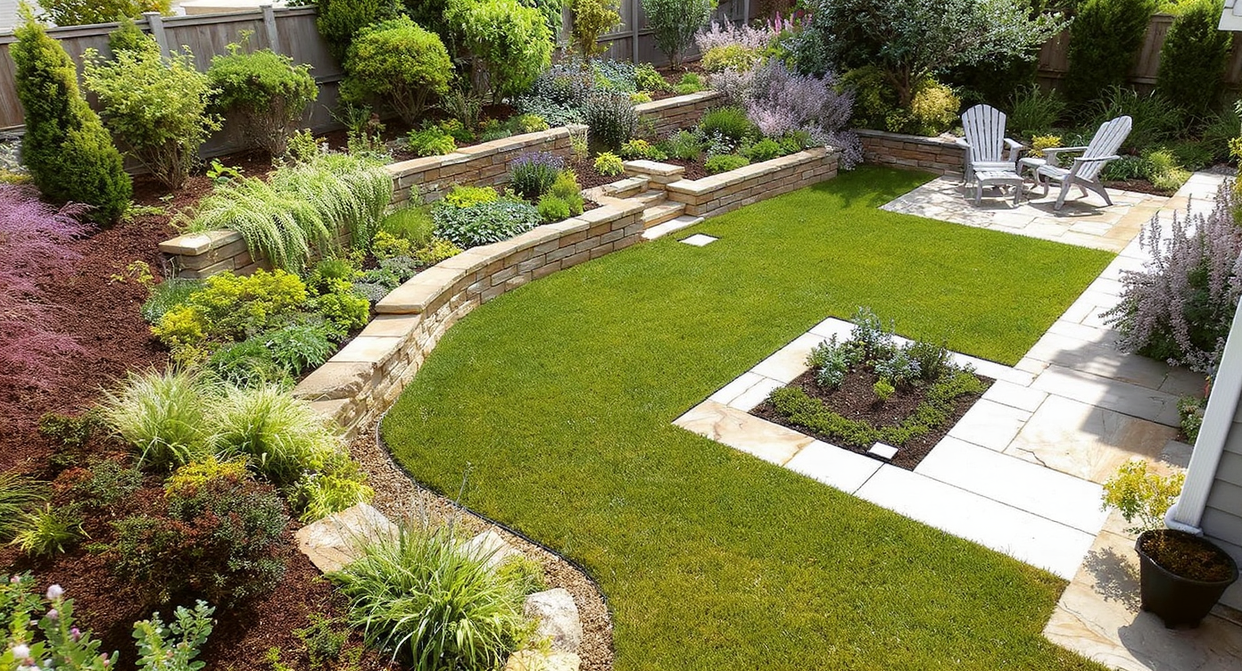 Elevated view of ADHD-friendly yard featuring mulch, stone terraces, rotating containers, drip irrigation, and clean planting beds.