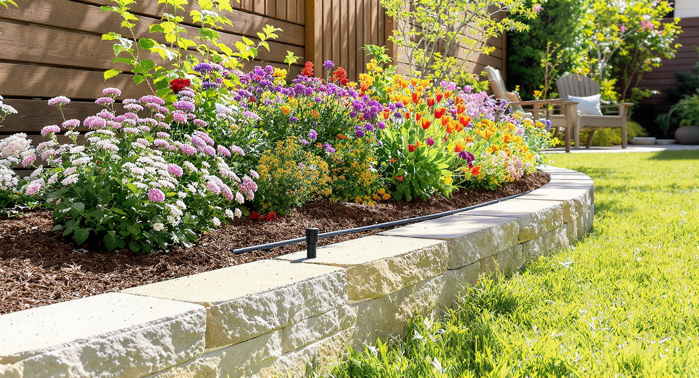 Backyard garden bed with stone edging, native plants, drip irrigation system, and a wooden bench under morning light, emphasizing functional landscape design.