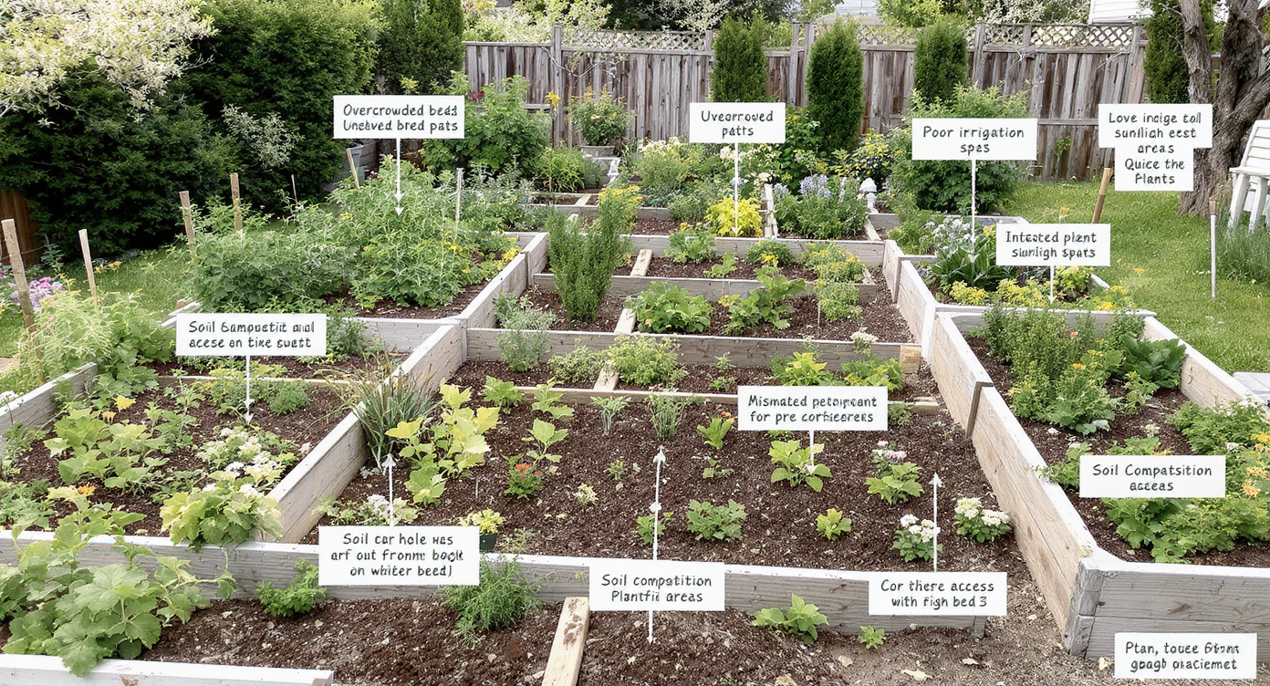 Outdoor garden scene showing seven common beginner raised-bed layout mistakes with subtle visual highlights and fixes.