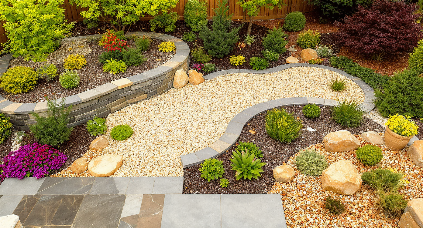 Close aerial garden view highlighting stone patios, gravel paths, edged beds demonstrating hardscaping dominance.
