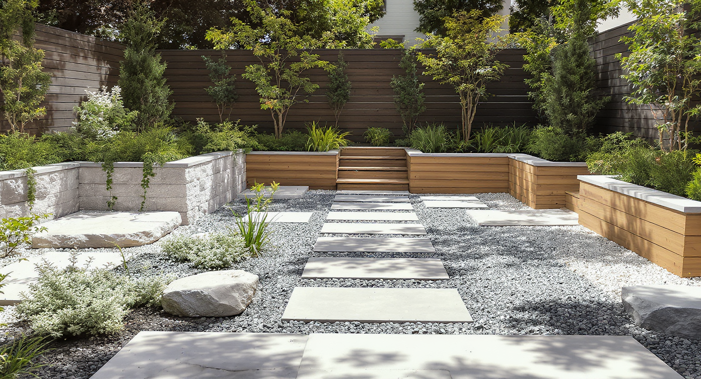 Modern backyard featuring extensive stone patios and gravel walkways dominating the space with minimal planting.