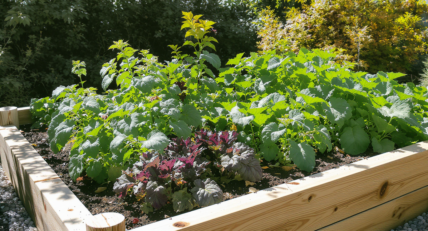 Raised vegetable garden bed flourishing under 6–8 hours of bright direct sunlight in a landscaped yard.