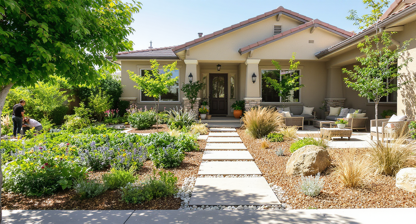 Front yard blending food-forward garden, xeriscaping, and reclaimed stone patio with family and designer.