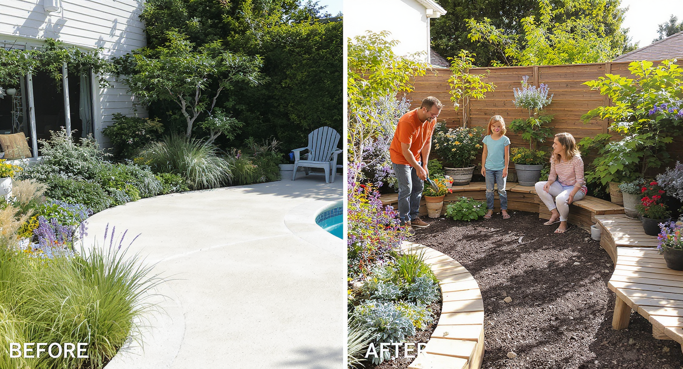 Family transforming a stark pool patio with plants, warm wood benches, and curved edges over two weekends, daylight scene.