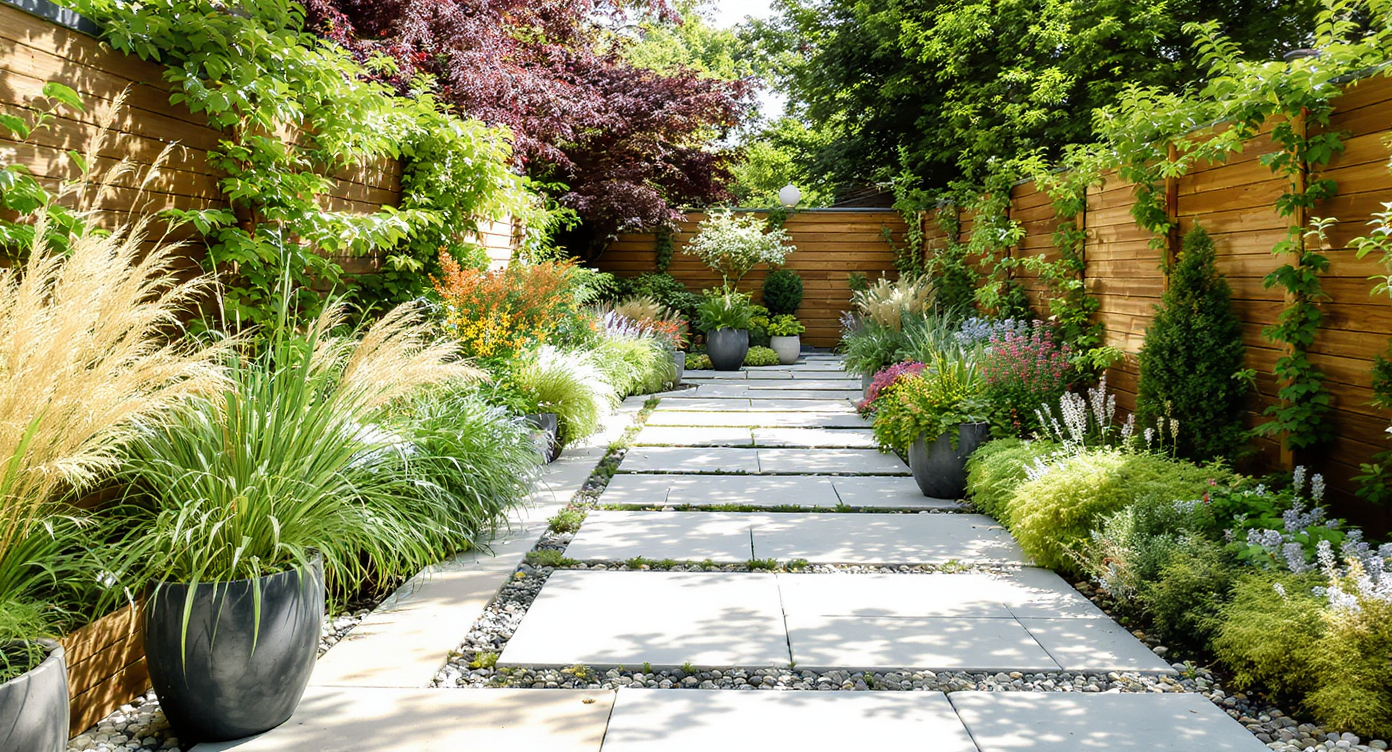 Pool deck designed as a wide garden path with oversized containers, grasses, vines, and warm wood accents in natural daylight.