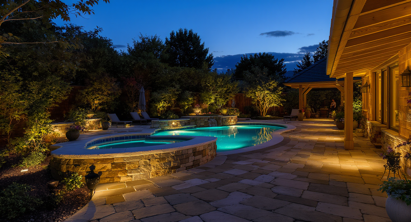 Backyard pool patio at dusk with warm 2700–3000 K lighting enhancing stone, wood, and vines creating a calm, inviting ambiance.
