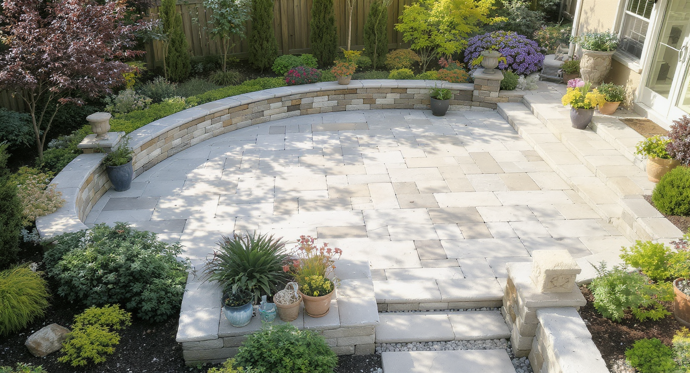 Backyard with majority hardscape stone patios and walkways covering 60% of space surrounded by lush garden beds, homeowner arranging plants.