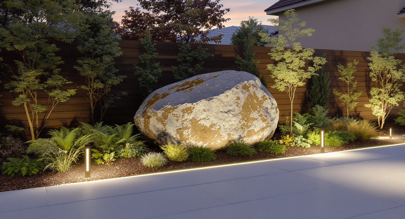 Large granite boulder embraced by neat ferns and stone path with warm path lighting in a modern front yard.