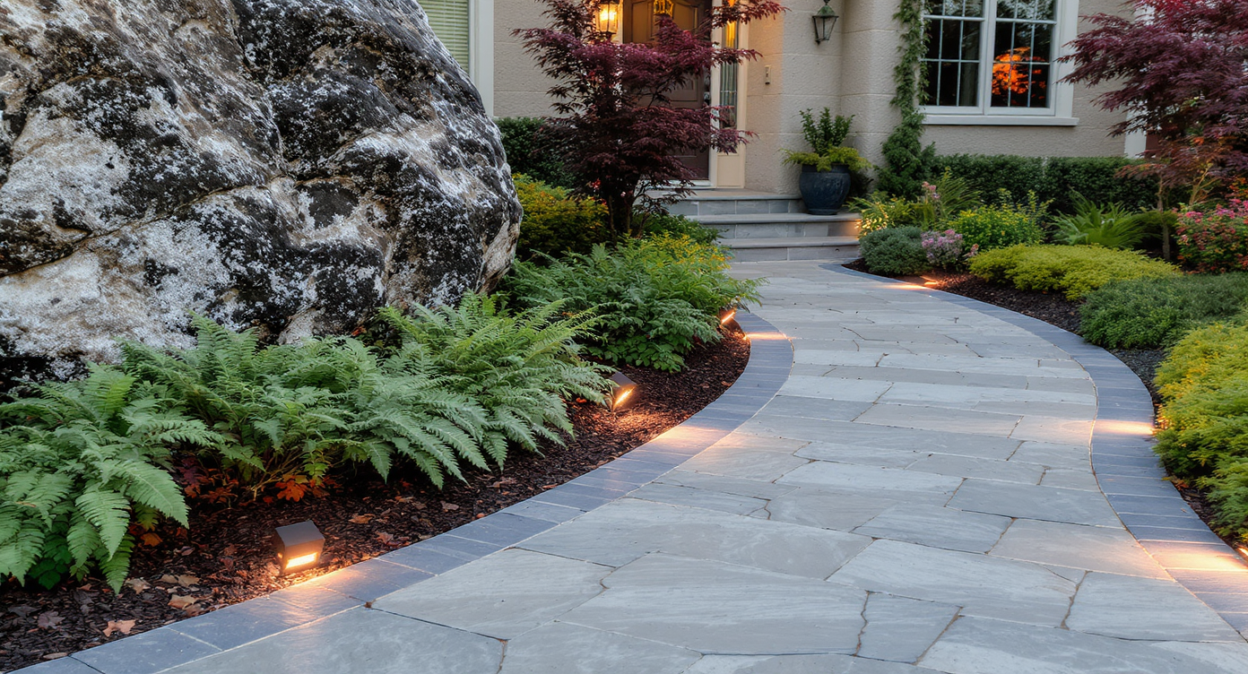 Curved 42-inch flagstone walkway winding around a large granite boulder with green ferns and warm path lighting.