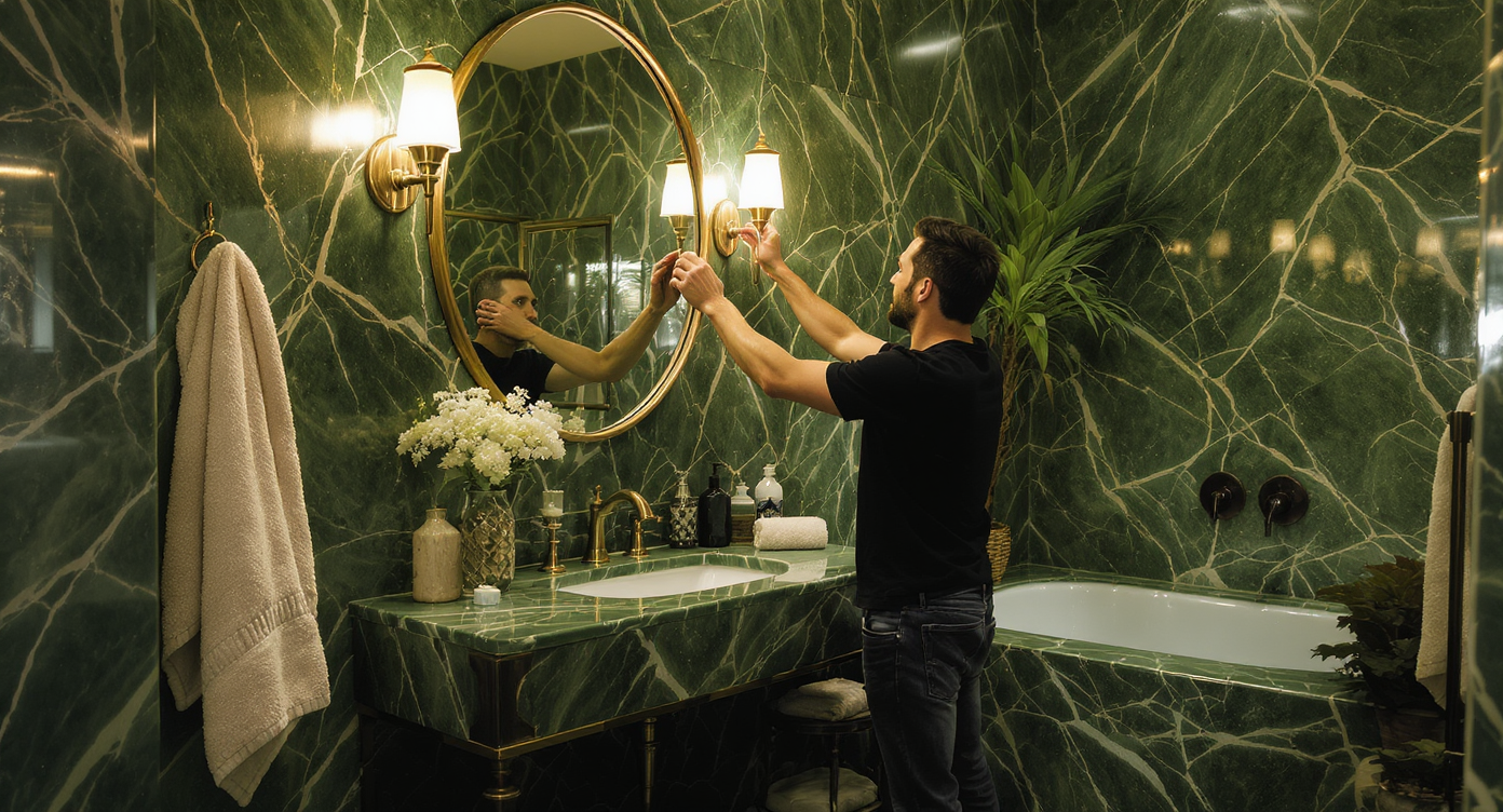 A handcrafted green stone bathroom with polished walls, warm layered lighting, plants, and a person adjusting vintage light fixture.