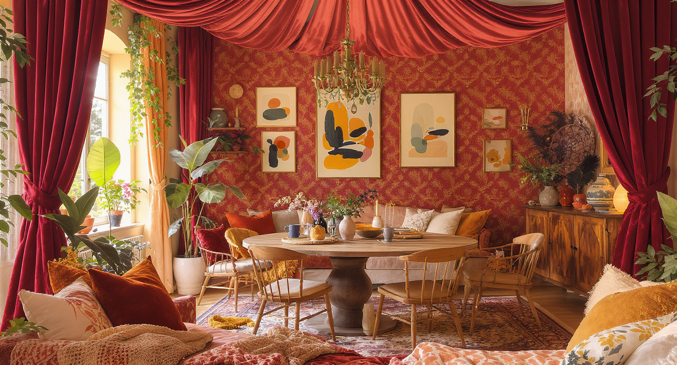 Intimate dining room with velvet tented ceiling, patterned wallpaper, warm saturated colors, art on walls, and lush indoor plants under natural light.