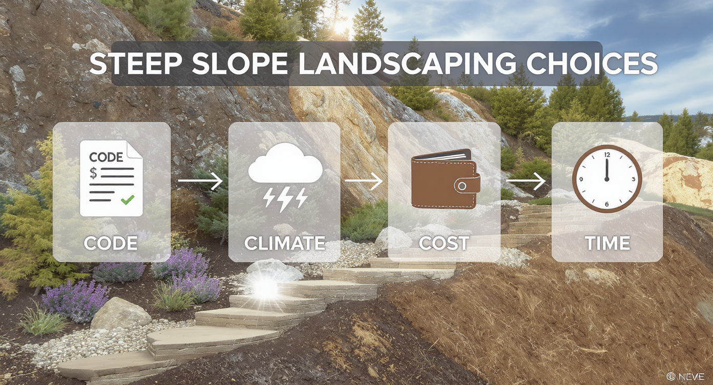 Visual infographic showing code, climate, cost, and time factors affecting steep slope landscaping, over a steep natural slope.
