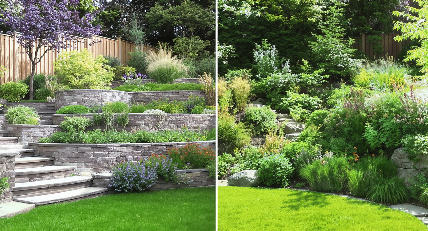 Side-by-side images of two steep yards: one terraced with stone walls and herb gardens, one rewilded with grasses and natural stone paths.
