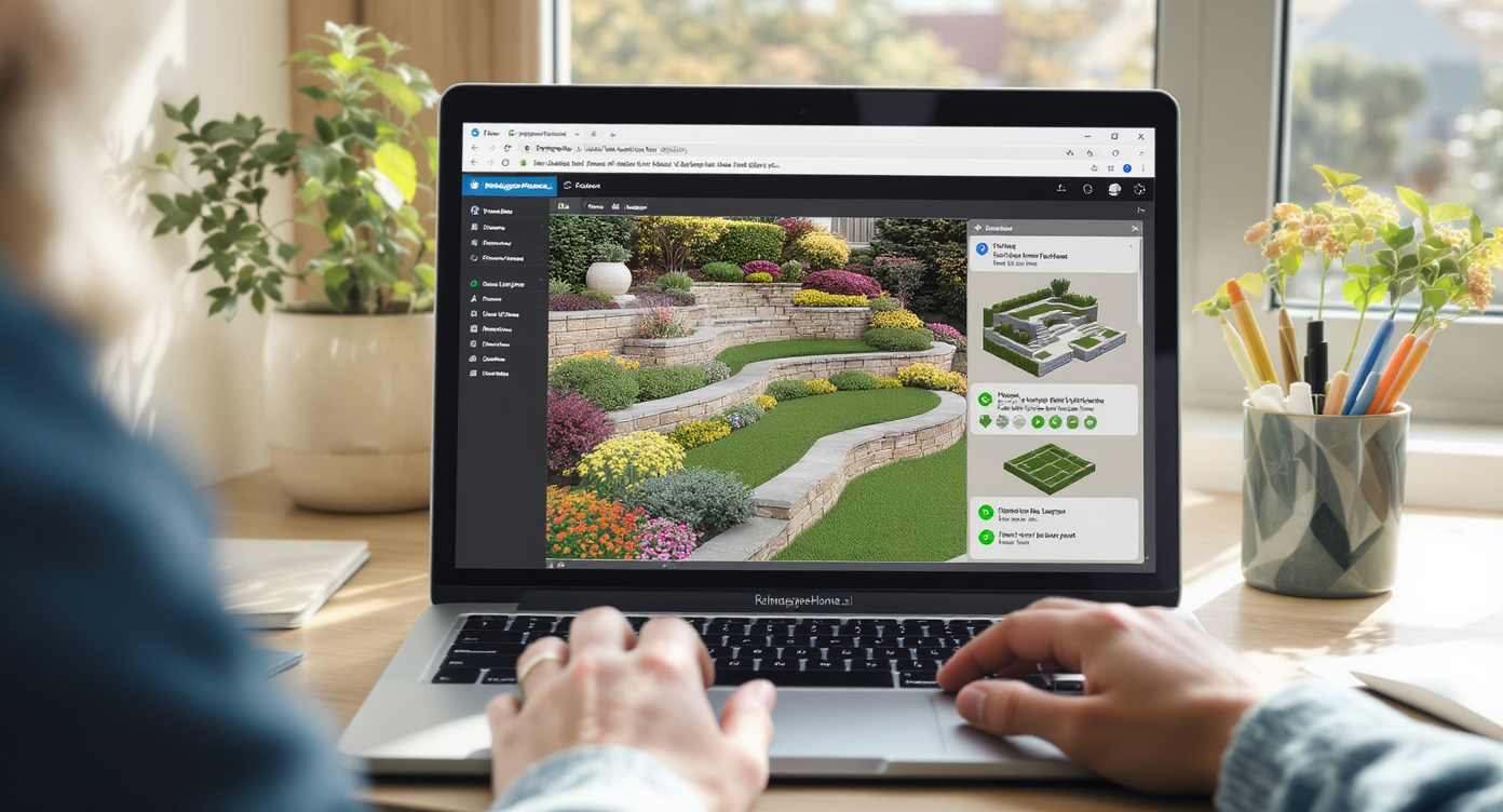 Laptop showing ReimagineHome.ai modeling steep yard terraces and planting, hands dragging a backyard photo, workspace in daylight.