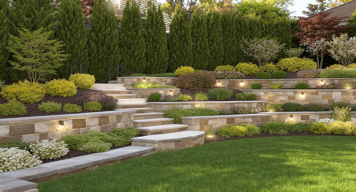 Steep backyard featuring terraces, stone steps, wooden deck, privacy planting, and integrated lighting under warm late-afternoon light.