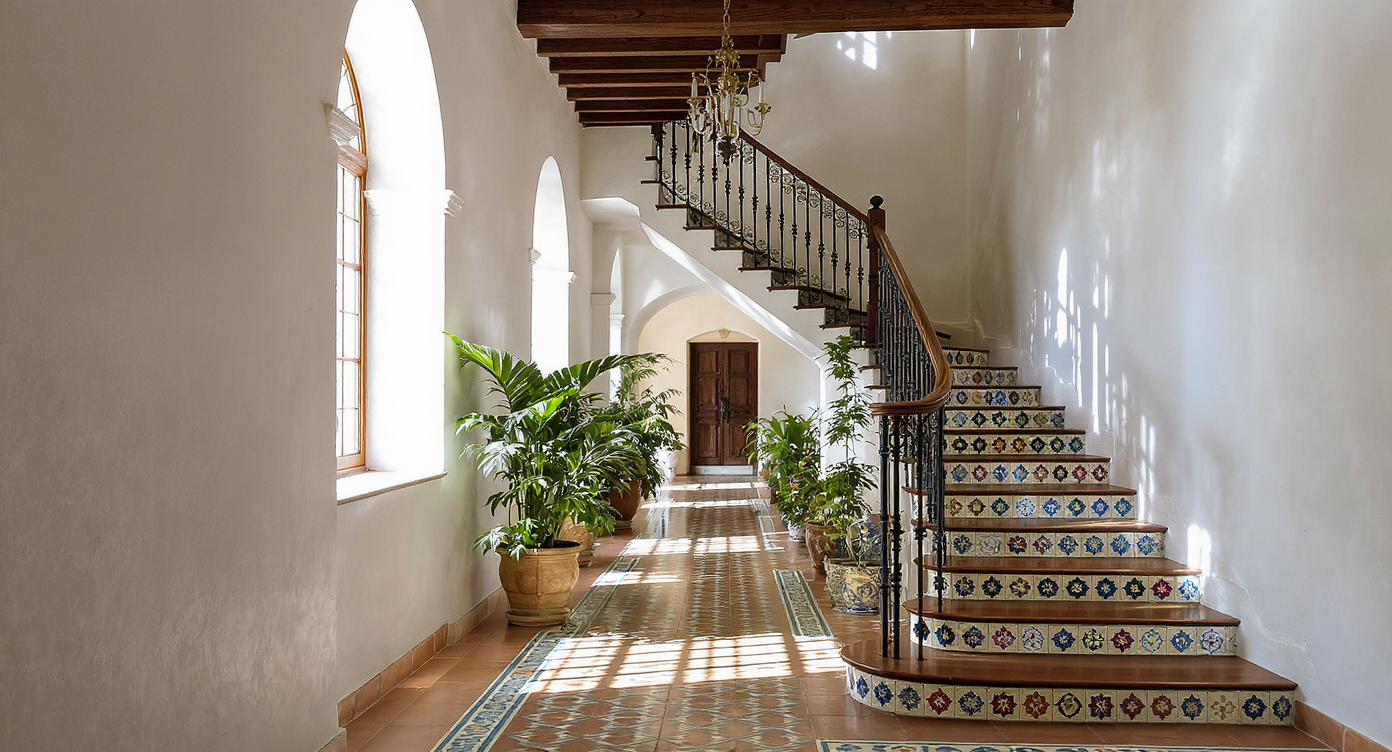 Bright hallway with white stucco walls, colorful staircase tiles, decorative iron handrails, and potted plants