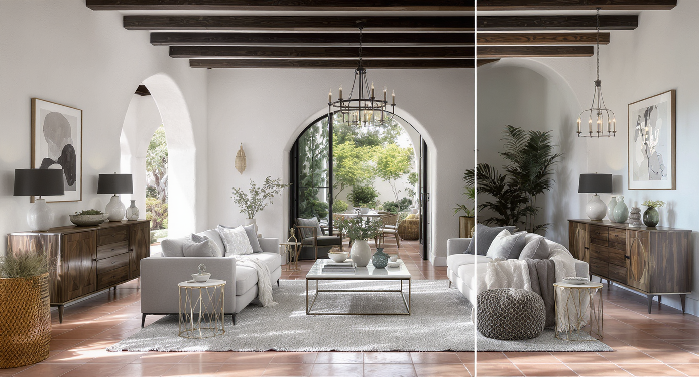 Digital interior mock-up of Spanish Colonial living room with archway, wood beams and terracotta floors