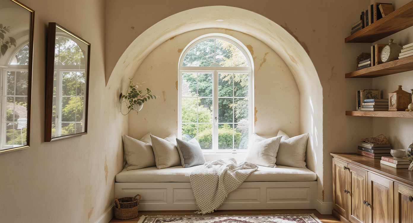 Cozy window seat with linen cushions set within arched alcove, warm natural light and art objects