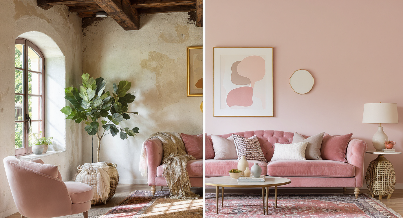 Interior with exposed wooden beams and plaster walls with modern blush furniture and vintage accents bathed in daylight.