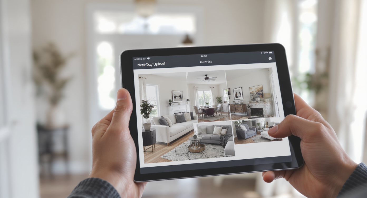 Agent holding tablet showing next-day listing photos in contemporary white-toned home interior with natural light.