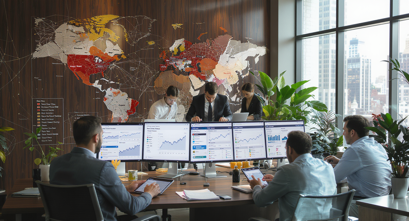 Busy metropolitan real estate office with agents analyzing listing views during peak season in sunlit urban workspace.