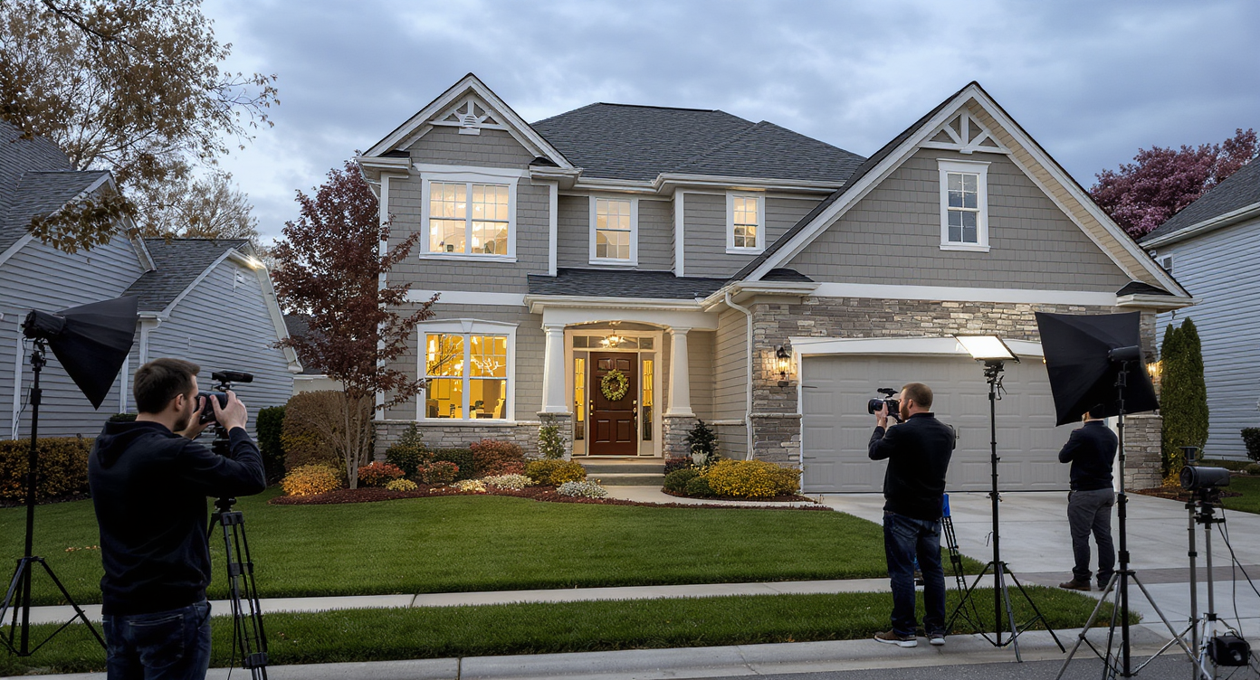 Real estate photo shoot in cloudy late afternoon with team managing equipment and schedules at suburban home.