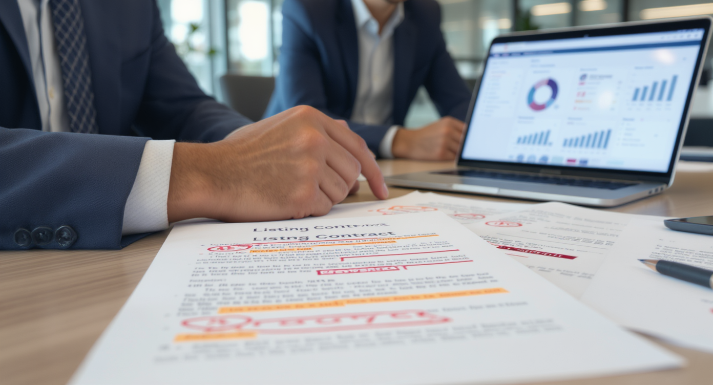 Two brokers review highlighted listing contract clauses and real estate data in a bright, modern conference room with glass walls and plants.