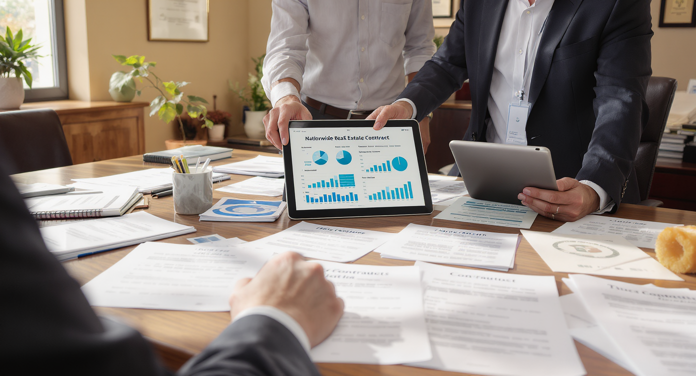 Two brokers discuss various U.S. listing contracts laid on a wooden table, with a digital tablet showing real estate data charts in a well-lit office.