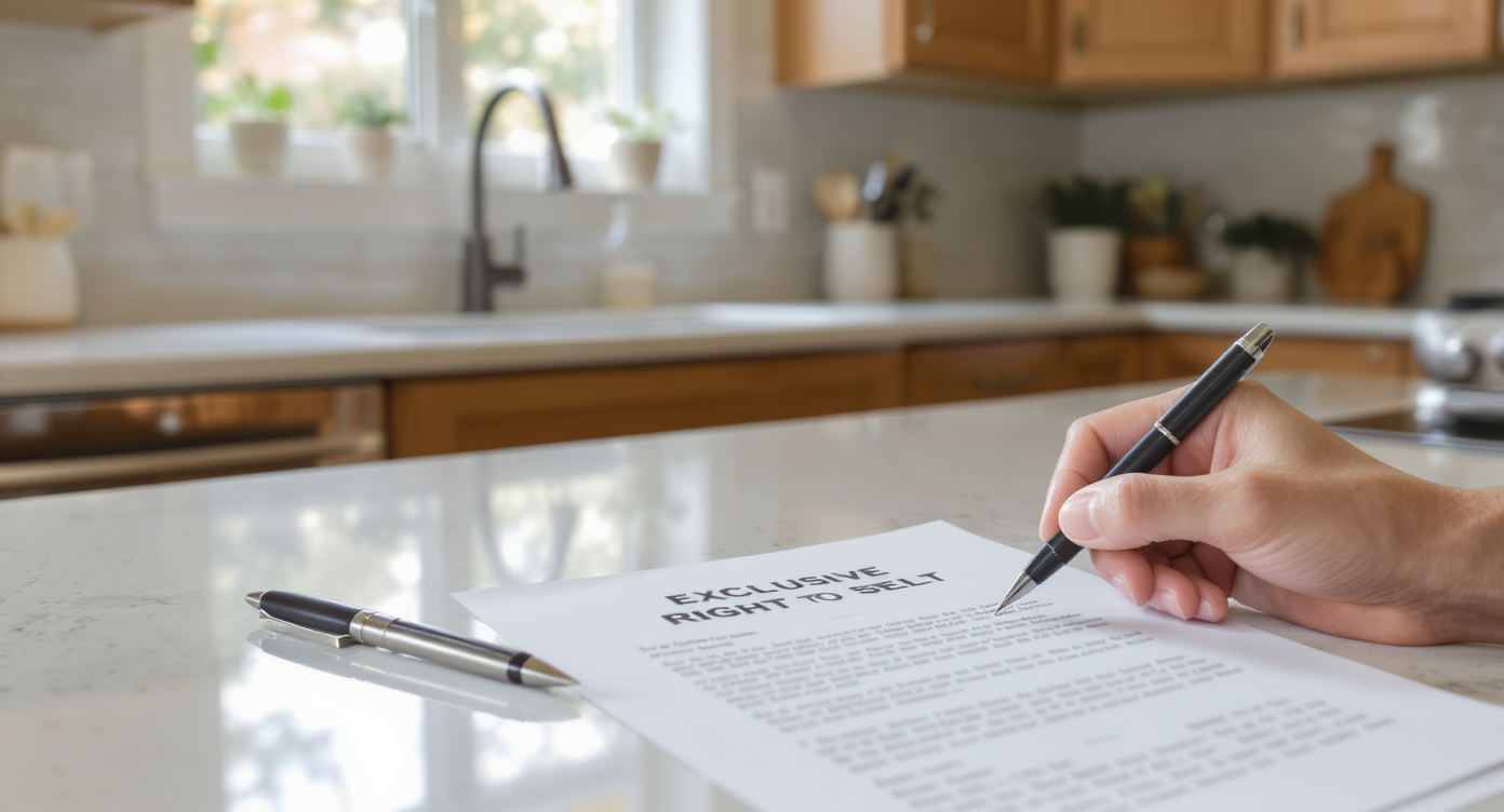 Close-up of a kitchen counter with a signed listing contract and a pen near a window, a homeowner's hand gently holding the contract corner.